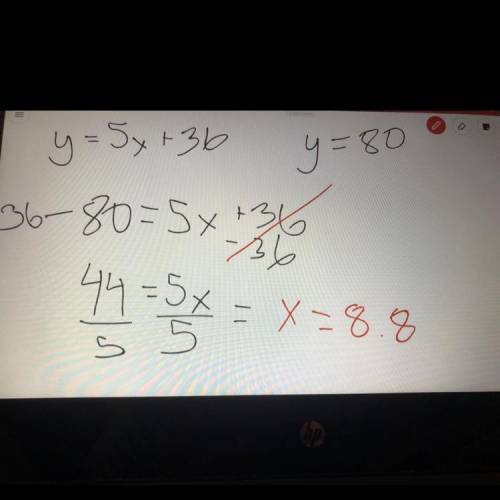 Use y = 5x + 36 to find the value of x when y = 80.