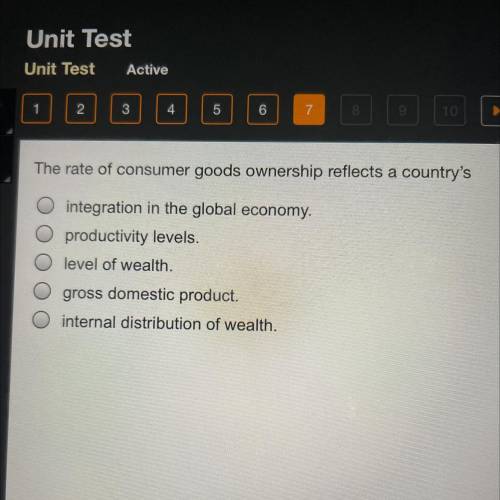 The rate of consumer goods ownership reflects a country's

O integration in the global economy.
pr