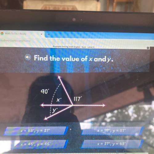 Problem Solving with Angles Quiz Level

Find the value of x andy.
90
117
y
x = 63', y = 27
x = 117
