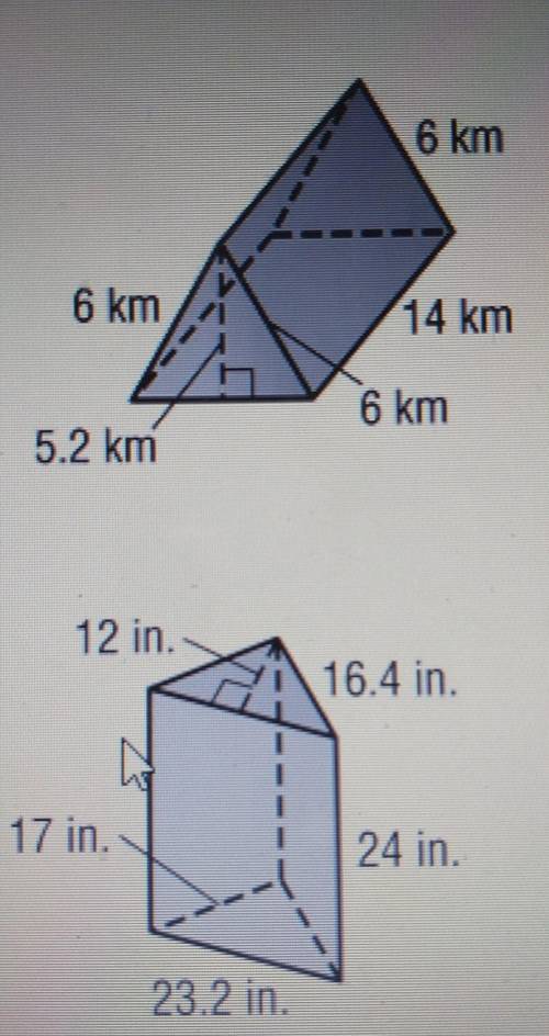 Find the surface area of each triangular prism.​