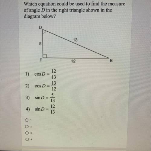 Which equation could be used to find the measure

of angle D in the right triangle shown in the
di
