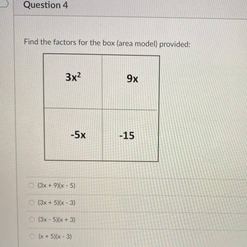 How would i factor this completely. these are the answer choices:

(3x + 9)(x - 5)
(3x + 5)(x - 3)