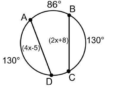 Points A, B, C, and D are on the circle below. If AD = 4x-5 and BC = 2x+8, what is the value of x?