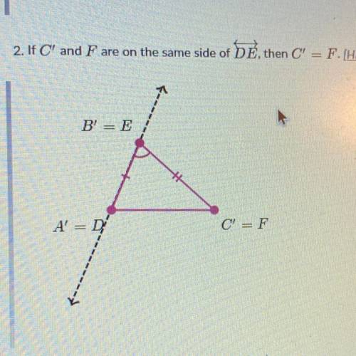Please help!

What is the justification that C’ = F in step 2. 
A) C’ and F are the same distance