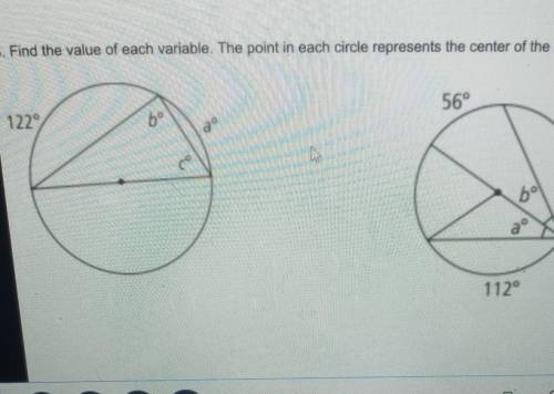 Find the value of each varianle. The point in each circle represents the centerof the circle.​