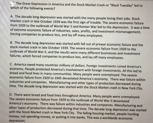 The Great Depression in America and the stock market crash or “Black Tuesday” led to which of the f