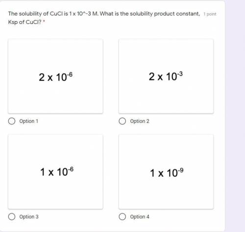 The solubility of CuCl is 1 x 10^-3 M. What is the solubility product constant, Ksp of CuCl?