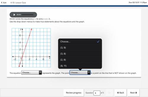Dimitri wrote the equations y = 3x and y = x + 3.

Use the drop-down menus to make true statements