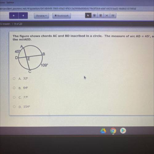 The figure shows chords AC bad BD inscribed in a circle. The measure of arc AD =45, and measure of