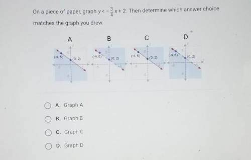 On a piece of paper, graph y < - 3/4 x + 2. Then determine which answer choice matches the graph