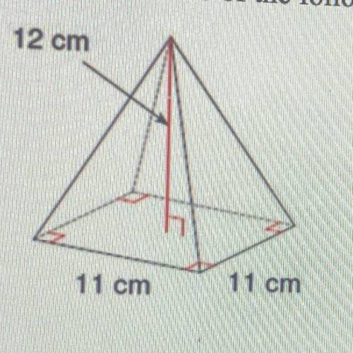 Question 17 (1 point)

Find the volume of the following square-based pyramid.
A.66 cubic cm
B.484
