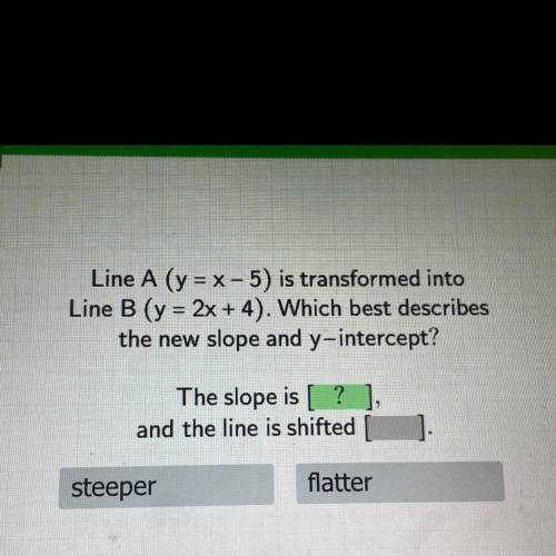 Line A (y = x - 5) is transformed into

Line B (y = 2x + 4). Which best describes
the new slope an