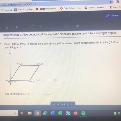 Help please!!

Q: Quadrilateral QRST is placed on a coordinate grid as shown. What coordinate for