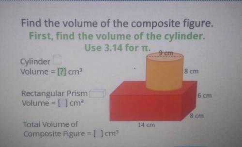 Find the volume of the composite figure.

First, find the volume of the cylinder.Use 3.14 for T. 9