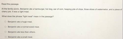 Read the passage.

At the family picnic, Benjamin ate a hamburger, hot dog, ear of corn, heaping p
