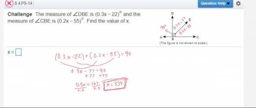 The measure of ∠DBE is (0.3x−22)° and the measure of ∠CBE is (0.2x−55)°. Find the value of x.