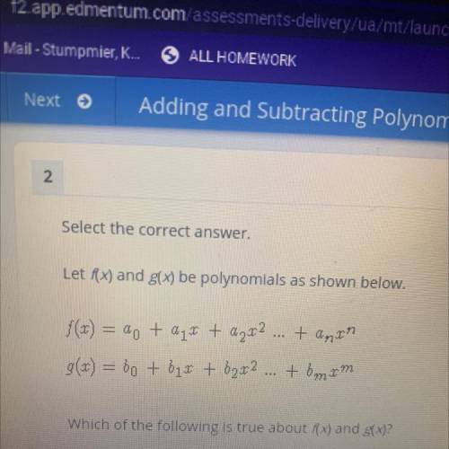 Select the correct answer.

Let f(X) and g(x) be polynomials as shown below.
f(x) = a0+a1x+a2x^2..