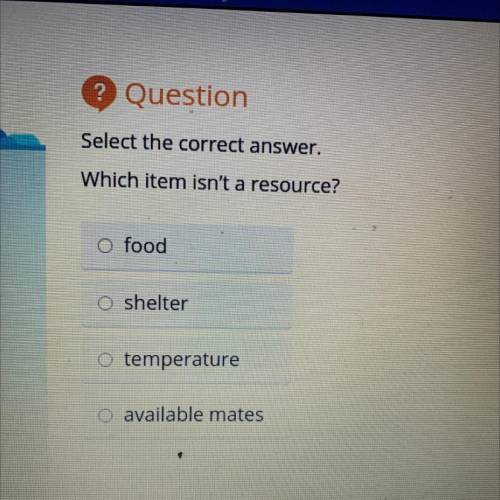 Which item isn't a resource?
food
shelter
temperature
available mates