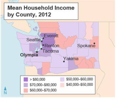 This map shows the mean household income in Washington counties.

What does the map indicate about