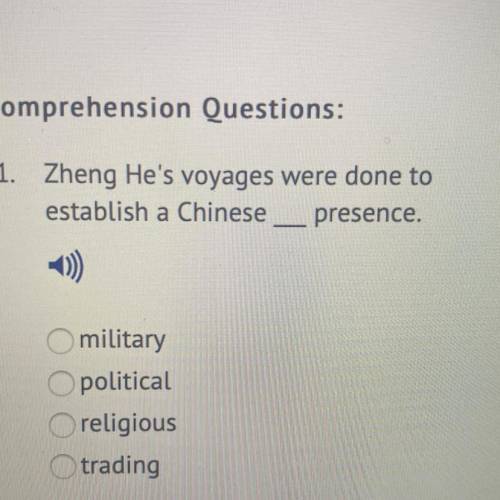 Zheng He's voyages were done to

establish a Chinese
presence.
military
political
religious
tradin