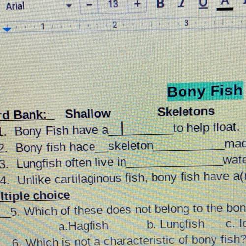 1. Bony Fish have a
.
to help float
Bony fish baco
shalaton