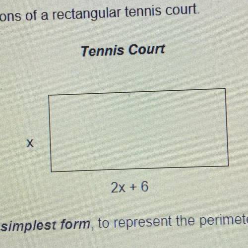 The figures show the dimensions of a rectangular tennis court.

Tennis Court
х
2x + 6
Write an exp