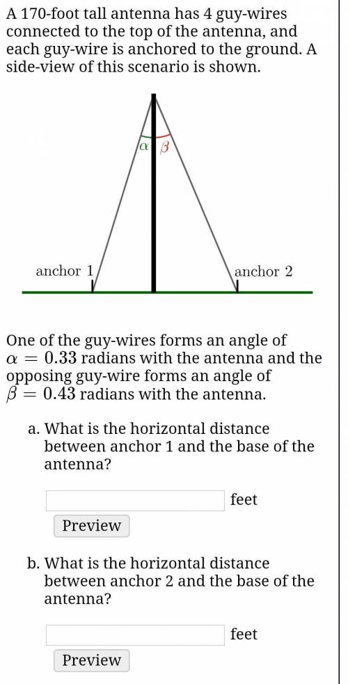 A 170-foot tall antenna has 4 guy-wires connected to the top of the antenna, and each guy-wire is a
