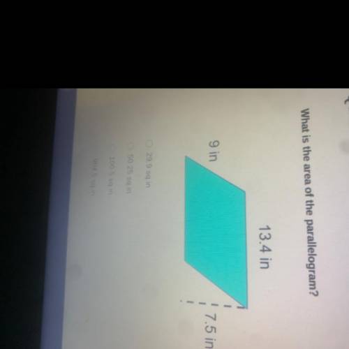 PLEASE ANSWER
What is the area of the parallelogram?
13.4 in
7.5 in