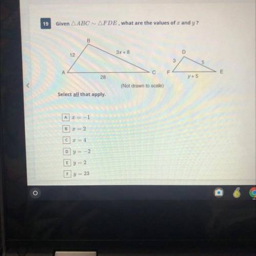 Given ABC ~ FDE, what are the values of x and y?