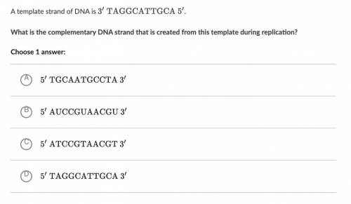 A template strand of DNA is 3' TAGGCATTGCA 5'

What is the complementary DNA strand that is create