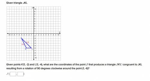 Help ASAP please

Given points K'(1, -2) and L'(1, -4), what are the coordinates of the point J' t