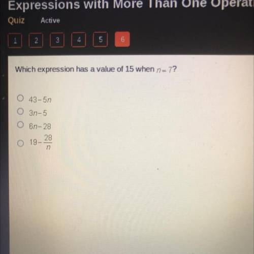 Which expression has a value of 15 when n=7
