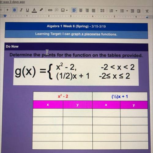 Determine the points for the function on the tables provided.

g(x) = { {12}x+1 25x52
-2 < x &l