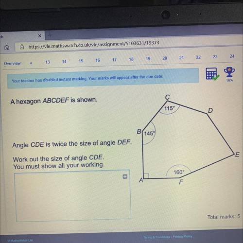 C

A hexagon ABCDEF is shown.
115°
D
B
145°
Angle CDE is twice the size of angle DEF.
E
Work out t