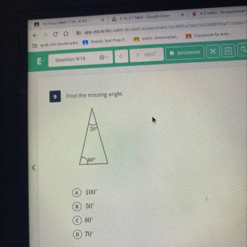 9
Find the missing angle.
20
80°
100°
50
80°
70°