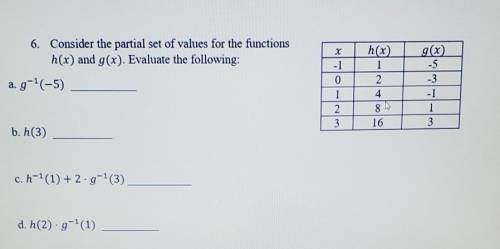 Consider the partial set of values for the functions h(x) and g(x). Evaluate the following:​