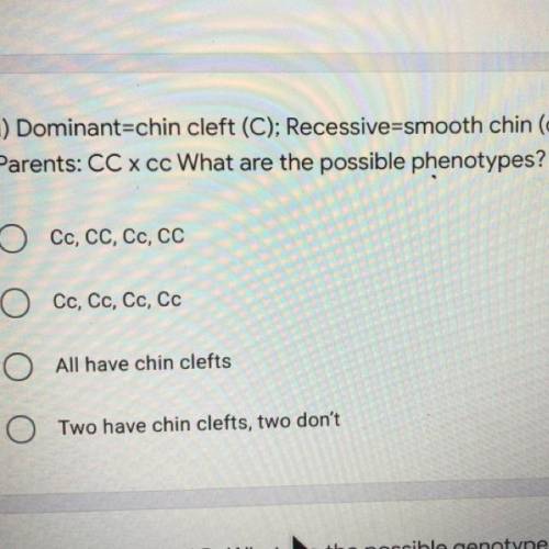 1) Dominant=chin cleft (C); Recessive=smooth chin (c); 1 point

Parents: CC xcc What are the possi