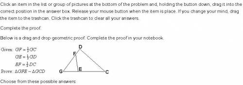 Complete the proof.

Below is a drag and drop geometric proof. Complete the proof in your notebook