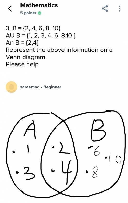 3. B = {2, 4, 6, 8, 10}

AU B = {1, 2, 3, 4, 6, 8,10 }
An B = {2,4}
Represent the above information