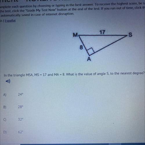 In the triangle MSA, MS = 17 and MA = 8. What is the value of angle S, to the nearest degree?