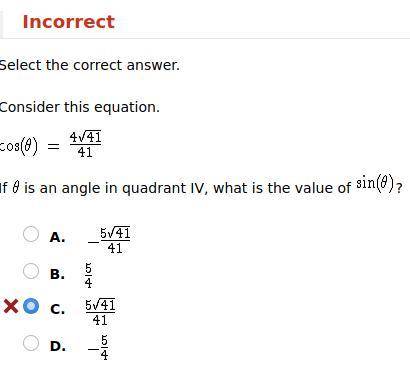 Consider this equation. cos(θ) = 4sqrt41/41 If θ is an angle in quadrant IV, what is the value of s