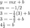 y=mx+b\\m= -1/2\\3=-\frac{1}{2} (3)+b\\3=-\frac{3}{2}  + b\\4\frac{1}{2} =b