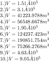1.) V=1.51×10^5\\2.)V=3.1×10^5 \\3.)V = 41223.9788 m^{3}\\4.)V = 56548.6678 m^3\\5.)V=1.95×10^5\\6.)V = 124237.423 m^3\\7.)V = 190851.754 m^3\\8.)V = 75266.2768 m^3\\9.)V=4.63×10^5\\10.) V=9.05×10^5