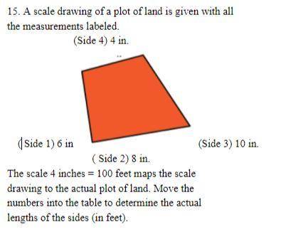 A scale drawing of a plot of land is given with all the measurements labeled