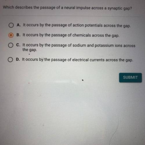 Which describes the passage of a neural impulse across a synaptic gap?