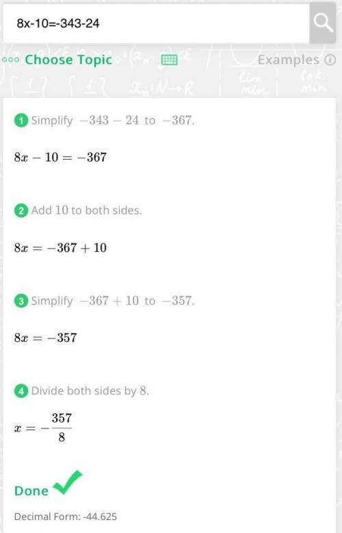 Solve for : 8x - 10 = -34 3 -24 hp w​