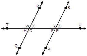 In the picture below, line PQ is parallel to line RS, and the lines are cut by a transversal, line