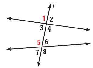 What kind of angles are 1 and 5 in the picture below?

corresponding
alternate interior
exterior
v