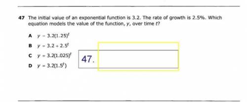 The initial value of an exponential function is 3.2 the rate of growth is 2.5% which equation model
