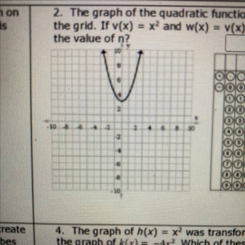 The graph of the quadratic function r is shown on the grid. If v(x)=x^2 and w(x)=v(x)+n, what is th